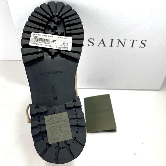 ALL SAINTS “PAULINA” TAN SUEDE LACE-UP PLATFORM LUG SOLE MOTO BOOT/COMBAT BOOT🆕 - Picture 7 of 10